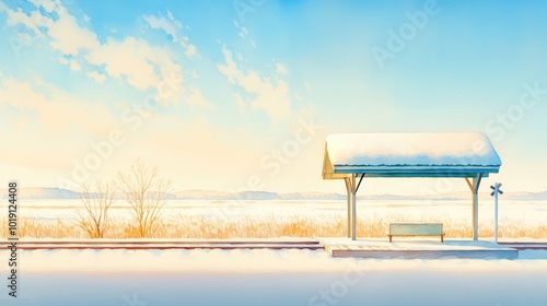 Snowy train platform, deserted, flickering lantern casting shadows, watercolor style,