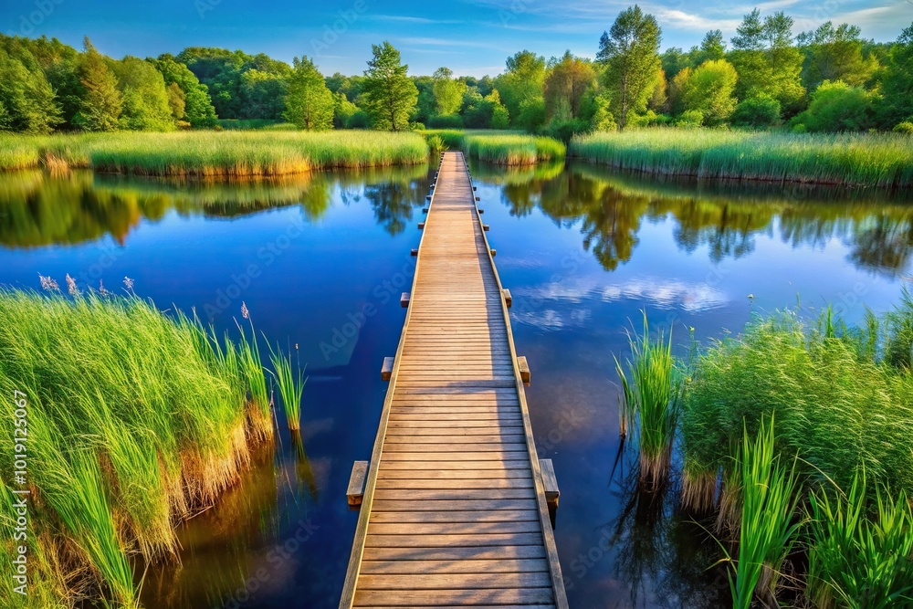 Aerial view of wooden bridge pier in forest lake surrounded by reeds Aerial view of wooden bridge pier in forest lake surrounded by reeds