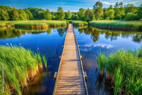 Aerial view of wooden bridge pier in forest lake surrounded by reeds