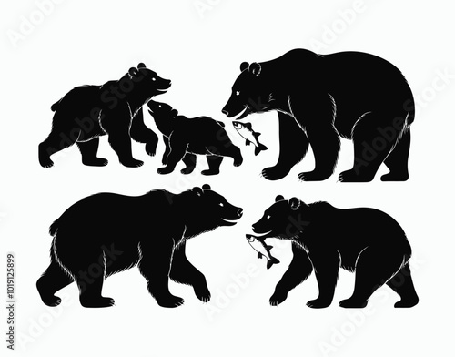 Mother Bear and Cubs Playtime Elegant Silhouette Design Vector EPS Template