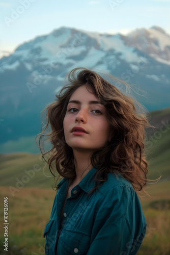 Portrait of young woman against mountains. High quality photo