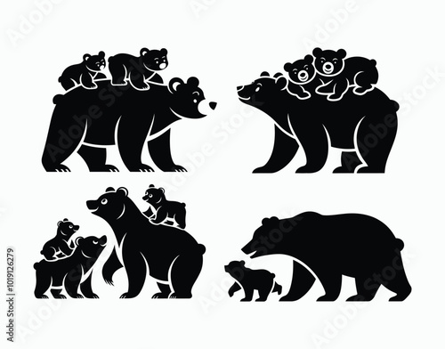 Playful Bear Cub Silhouettes with Mother Clean Design Vector EPS Template
