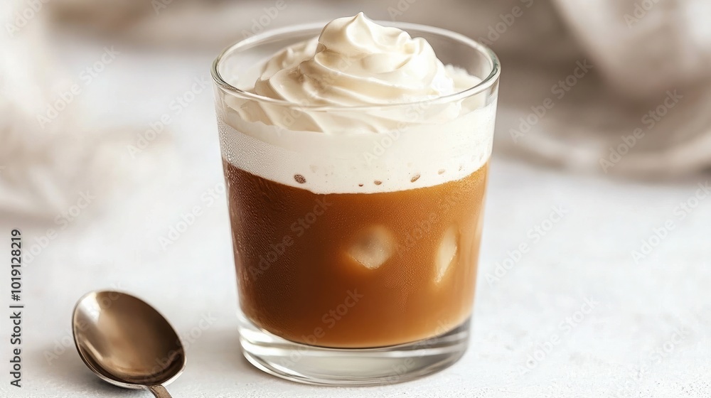 A tumbler of iced coffee with a swirl of cream on top. On a white table, a spoon is placed next to the glass. A tumbler of iced coffee with a swirl of cream on top. On a white table, a spoon is placed next to the glass.
