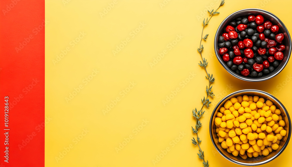 Top view of two bowls with red, black and yellow candies on yellow background with green sprigs. Top view of two bowls with red, black and yellow candies on yellow background with green sprigs.