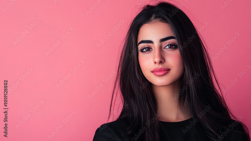 Happy middle-eastern woman in portraiture, posing on a pink backdrop. A chic young lady in a studio photograph. Happy middle-eastern woman in portraiture, posing on a pink backdrop. A chic young lady in a studio photograph.