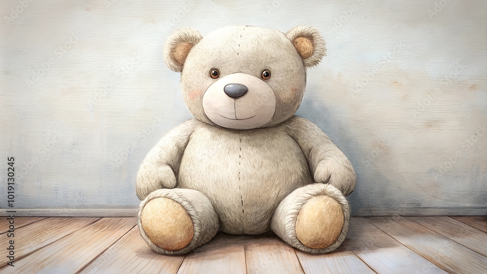 Cozy illustration of a large teddy bear with embroidered nose and button eyes, sitting on a wooden floor, in soft pastel colors Cozy illustration of a large teddy bear with embroidered nose and button eyes, sitting on a wooden floor, in soft pastel colors