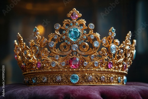 ornate golden crown adorned with precious gems intricate filigree work catches light royal symbol on velvet cushion regal aura emanates from majestic headpiece