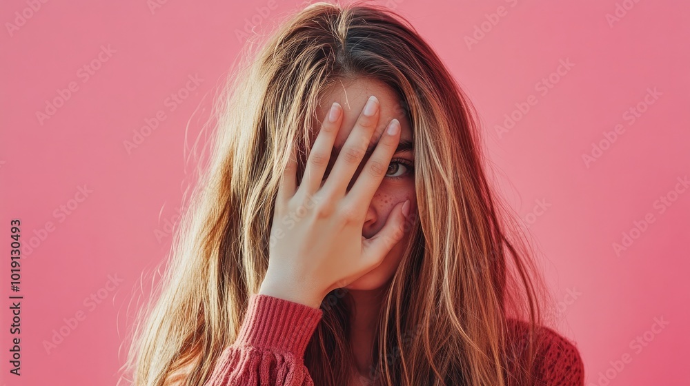Shy teenage girl with long hair hiding her face with a hand and showing a peek of her fingers through a pink background Shy teenage girl with long hair hiding her face with a hand and showing a peek of her fingers through a pink background