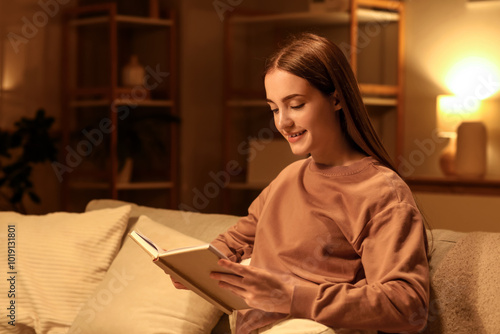 Beautiful young happy woman reading book on sofa in evening at home