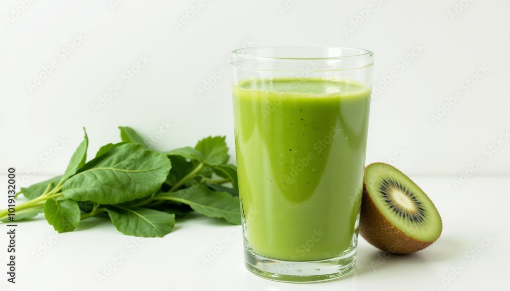 Healthy green smoothie in a glass with spinach and kiwi on a light background for wellness lifestyle Healthy green smoothie in a glass with spinach and kiwi on a light background for wellness lifestyle