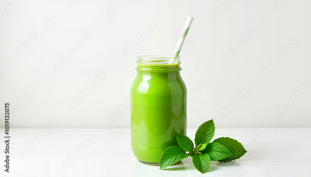 Refreshing green smoothie in a glass jar with a straw and fresh mint leaves on a light background for healthy lifestyle Refreshing green smoothie in a glass jar with a straw and fresh mint leaves on a light background for healthy lifestyle