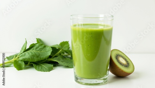 Healthy green smoothie in a glass with spinach and kiwi on a light background for wellness lifestyle