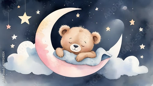 Abstract digital artwork painted illustration featuring a cute teddy bear with light brown fur and pink inner ears, peacefully sleeping on a crescent moon on a starry sky 