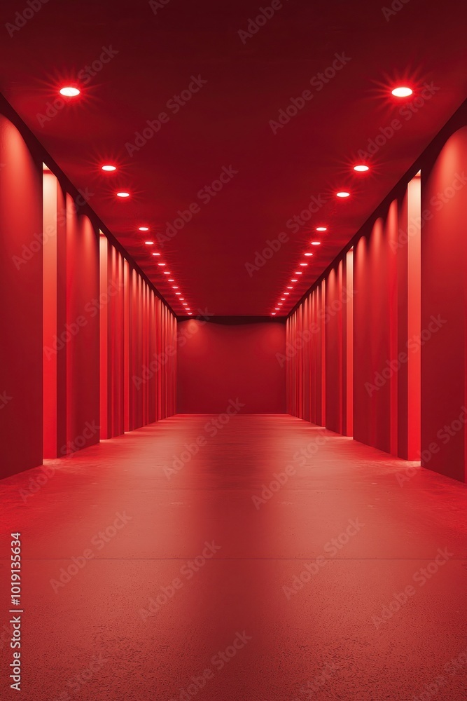 Fototapeta premium Futuristic red hallway with bright lighting and a reflective floor