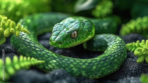 Close-up of a vibrant green snake with detailed scales, blending in lush forest surroundings.