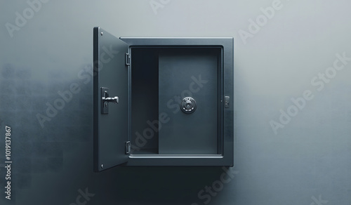 Metal safe with a combination lock and blank poster on the wall design