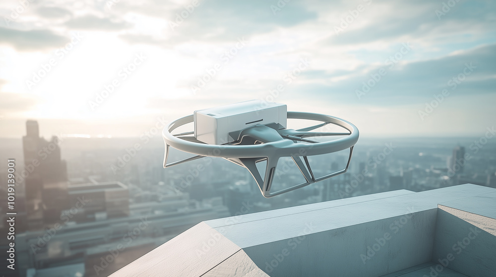 Fototapeta premium 3D Render of a Futuristic Autonomous Delivery Drone in Flight Over City Skyline., generative ai
