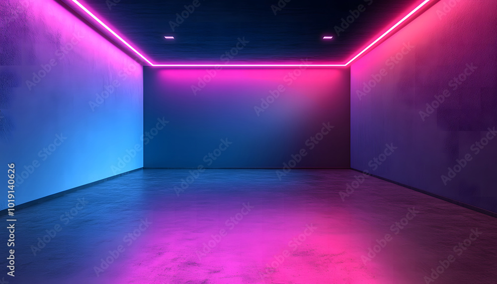 Minimal techno concept with a modern empty exhibition hall with blank walls and neon paint design Minimal techno concept with a modern empty exhibition hall with blank walls and neon paint design