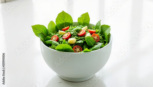 Fresh green salad with spinach, tomatoes, and basil in a large bowl on a bright background for healthy eating