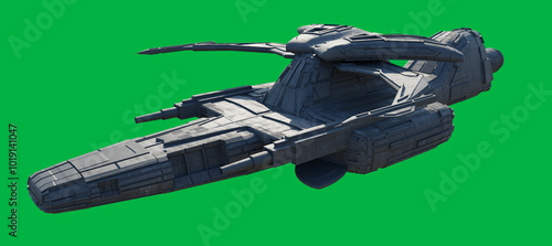 Alien Space Ship on Green Screen Background - Side View, 3d digitally rendered science fiction illustration