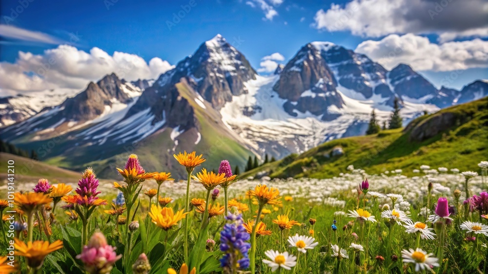 Alpine meadow with wildflowers and snow covered peaks Alpine meadow with wildflowers and snow covered peaks