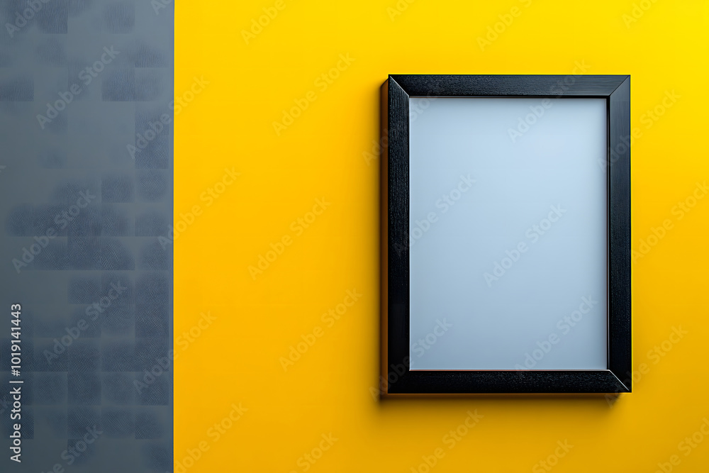 Minimalist black frame mockup on a yellow and grey background design with a copy space area for text or logo design Minimalist black frame mockup on a yellow and grey background design with a copy space area for text or logo design
