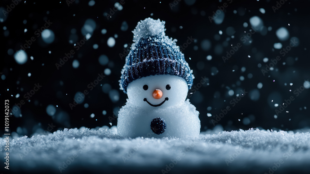 cheerful snowman with a knitted cap in gently falling snow cheerful snowman with a knitted cap in gently falling snow