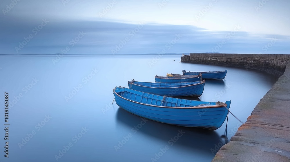 Three blue boats are docked at a pier. The water is calm and the sky is a light blue
