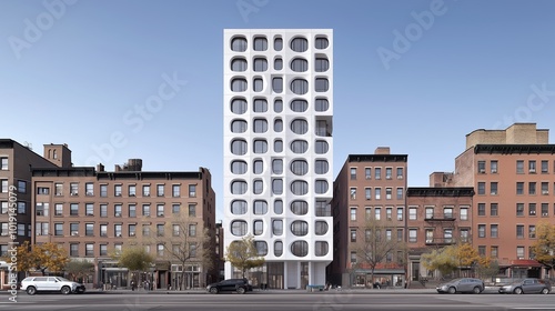 Large white building with many windows sits in front of a row of brick buildings. The scene is set in a city with a mix of old and new architecture