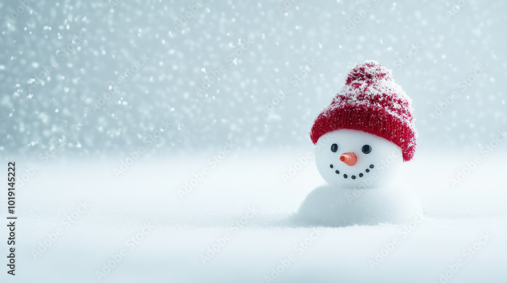 Fototapeta premium cheerful snowman wearing red hat in falling snow
