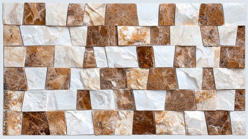 Fototapeta Naklejka Na Ścianę i Meble -  Wall with brown and white tiles. The wall is made of stone and has a rustic look