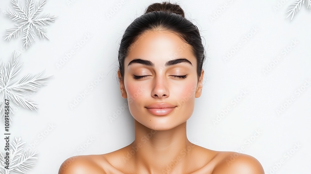 Woman with a white background and snowflakes in the background. She is smiling and looking at the camera Woman with a white background and snowflakes in the background. She is smiling and looking at the camera