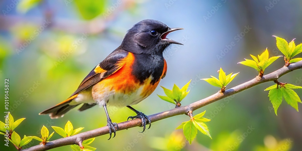 Fototapeta premium American Redstart singing on tree branch
