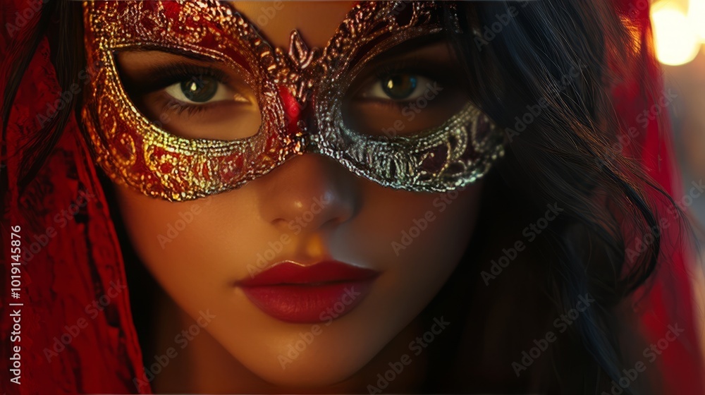 Woman wearing a luxurious red mask with intricate design details Woman wearing a luxurious red mask with intricate design details