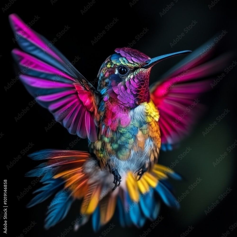 Fototapeta premium A vibrant and colorful hummingbird in flight. The bird showcases a stunning array of bright hues such as pink, blue, and yellow. This image captures the beauty of nature. AI