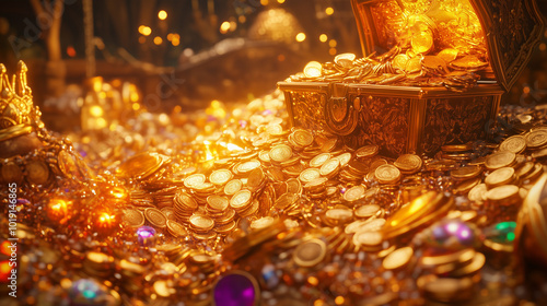 Treasure Chest Overflowing with Gold Coins and Gems photo