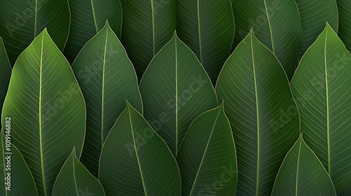 Close up of green leaves with a lot of detail. The leaves are all different sizes and shapes, but they all have a similar color. The image has a calming and peaceful mood
