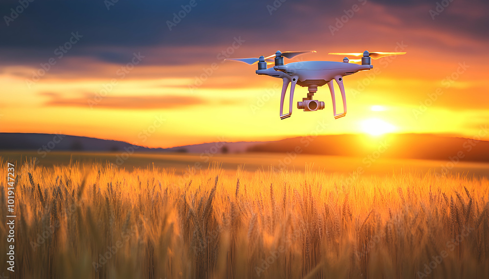 A drone flies over a field of wheat at sunset. The drone is a popular tool for photographers and videographers, as well as for businesses and farmers. A drone flies over a field of wheat at sunset. The drone is a popular tool for photographers and videographers, as well as for businesses and farmers.
