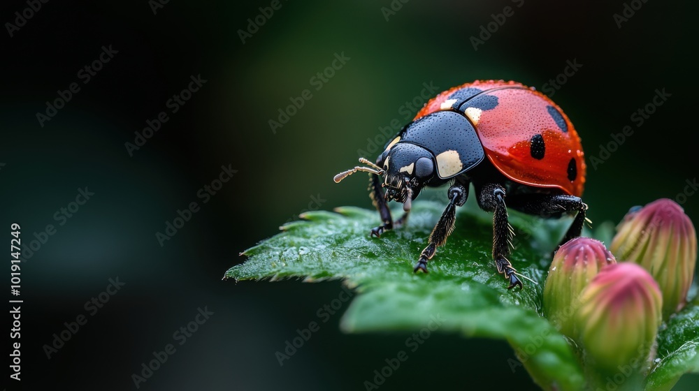 Fototapeta premium Colorful Ladybug on a Green Leaf Macro Shot