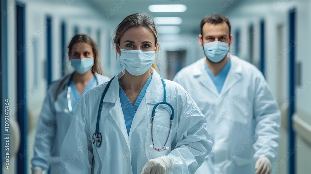 Group of medical professionals in masks walking through hospital corridor Group of medical professionals in masks walking through hospital corridor