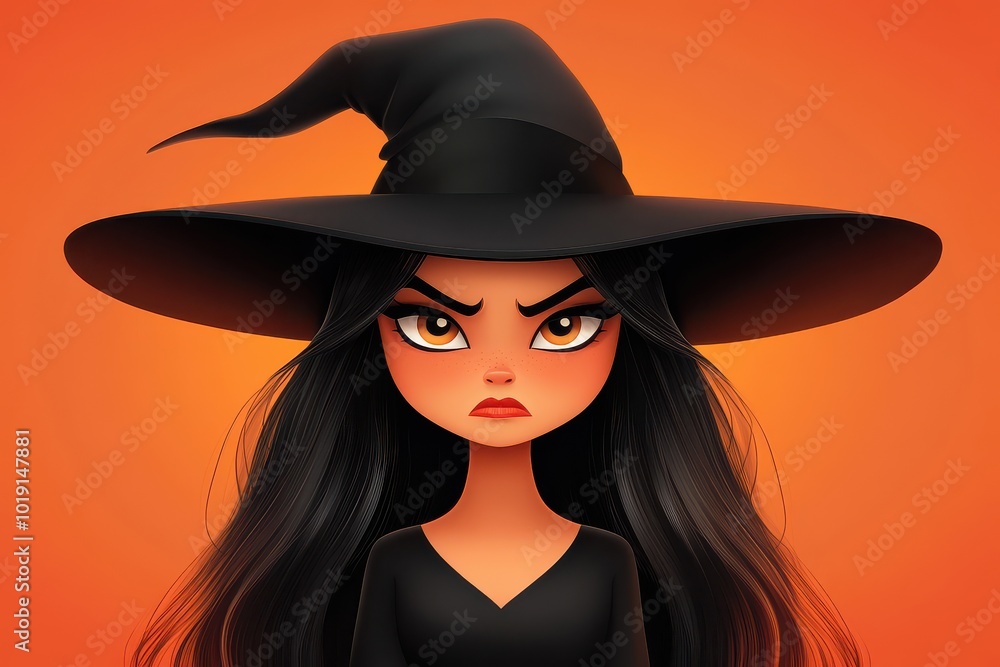 Stylized cartoon of a serious witch with long black hair and a pointed hat against an orange background Stylized cartoon of a serious witch with long black hair and a pointed hat against an orange background