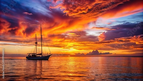 Majestic sailboat silhouetted against fiery sunset glow in long shot