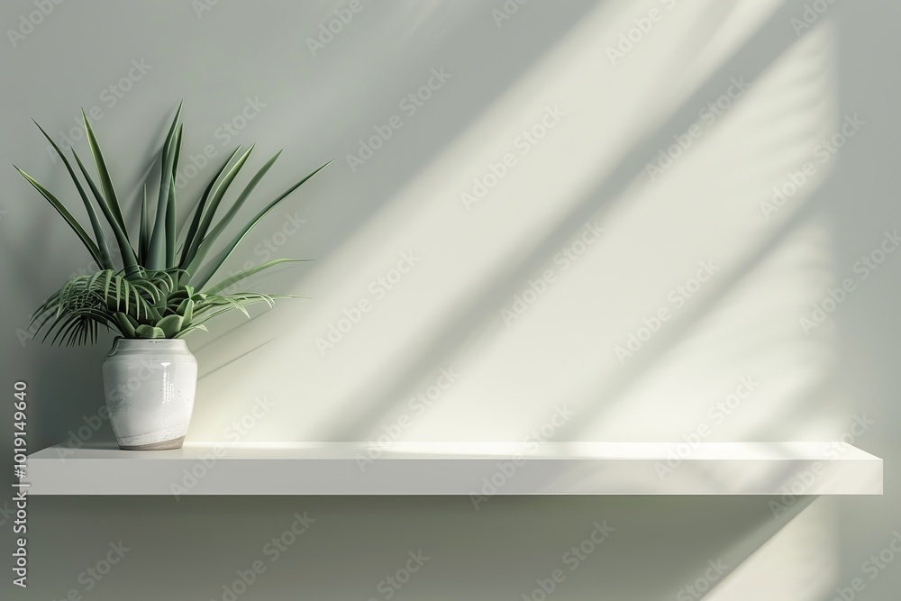 White shelf with plant on white wall background, Ai Generated White shelf with plant on white wall background, Ai Generated