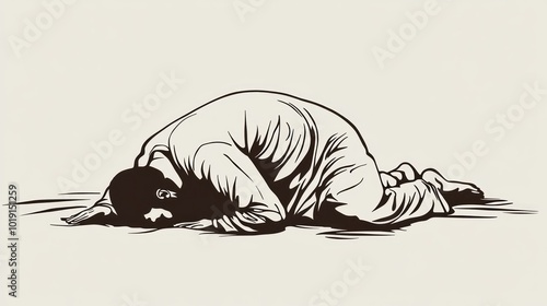 Line design of a Muslim man kneeling, bowing in prayer with God's head facing the ground and his hands clasped together on a white background