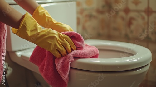 Obraz na płótnie Person cleaning a toilet with rubber gloves and a pink cloth w salonie