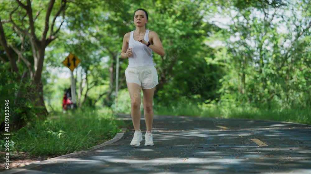 A woman is running on a path in a park. She is wearing a white shirt and white shorts A woman is running on a path in a park. She is wearing a white shirt and white shorts