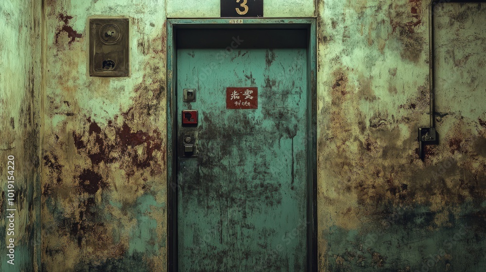 A weathered, teal door with peeling paint and a worn-out, cracked wall behind it, numbered 3. A weathered, teal door with peeling paint and a worn-out, cracked wall behind it, numbered 3.