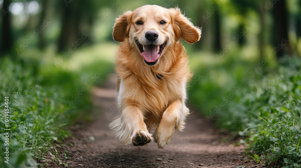 A golden retriever joyfully bounds down a dirt path surrounded by lush greenery under a bright sun, exuding happiness and energy A golden retriever joyfully bounds down a dirt path surrounded by lush greenery under a bright sun, exuding happiness and energy
