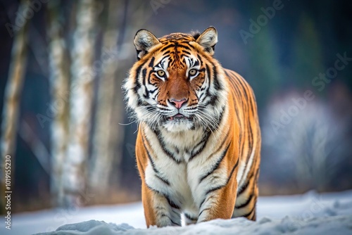 Medium shot of a sabretooth tiger standing isolated on a blurry winter background photo