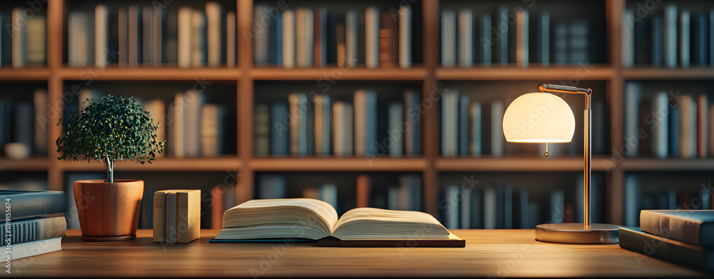 Modern desk setup with lamp and books against a blurred library backdrop design. Education and reading concept design. 3D Rendering design Modern desk setup with lamp and books against a blurred library backdrop design. Education and reading concept design. 3D Rendering design